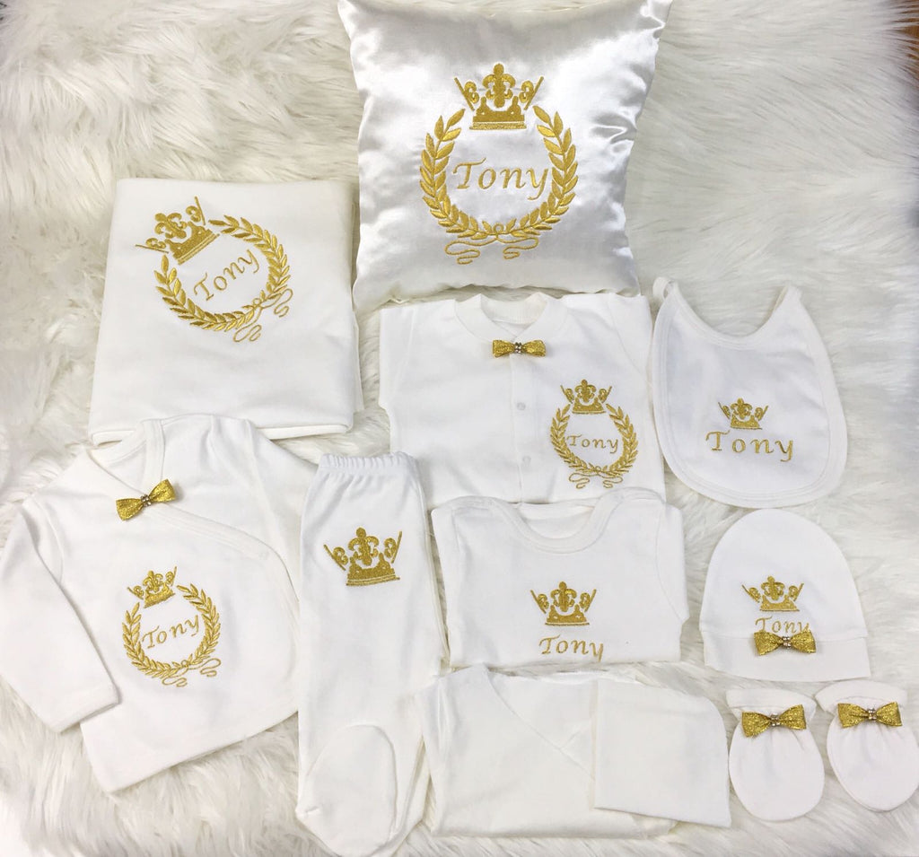 10 Pieces Embroidered Gold Set + Pillow - Baby Essentially