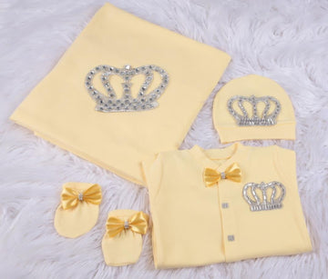 5 Piece Prince Set Yellow Fabric Silver Crown - Baby Essentially